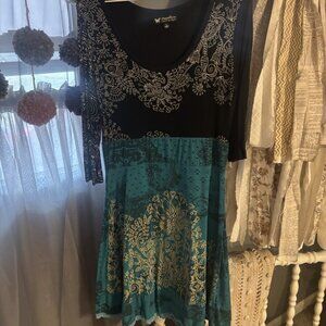 Papillon dress, black, turquoise, tan, size S